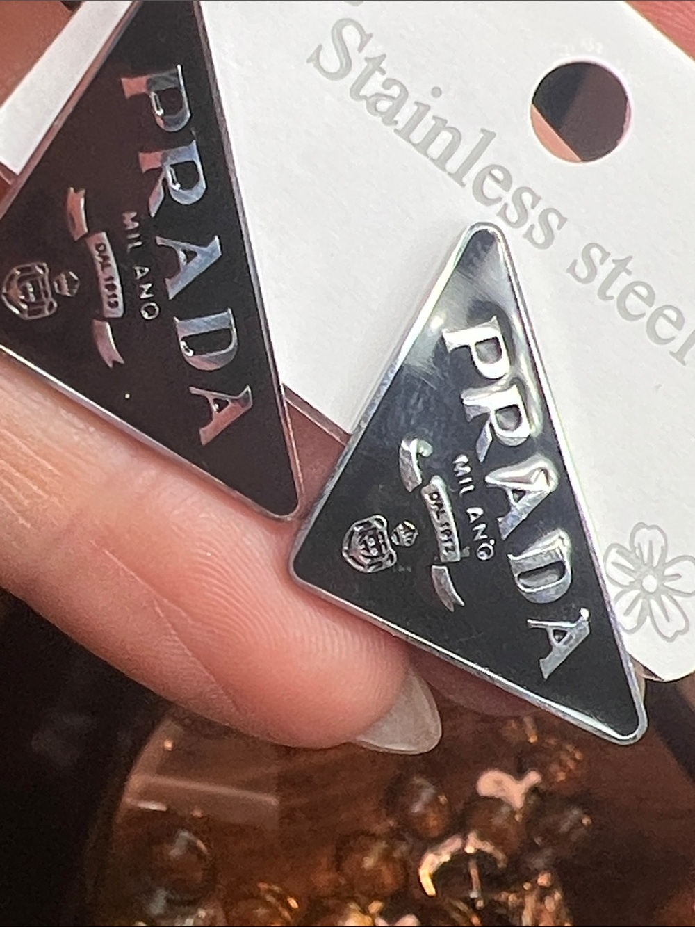 Prada Black Triangle Logo Stud Earrings